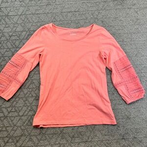 Talbots‎ Womens XS Coral Pink Long Sleeve Lace Trim Top Blouse Cotton